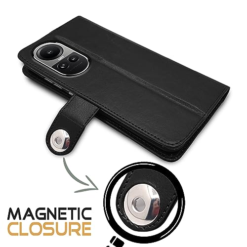 Image of Pikkme Oppo Reno 10 5G Flip Cover Leather Finish | Inside TPU with Card Pockets | Wallet Stand and Shock Proof | Complete Protection Button Flip Case (Black)