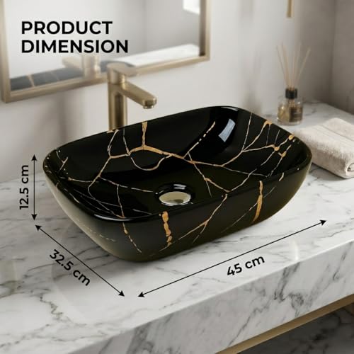 Image of Ceramic Tabletop Wash Basin - Glossy Rectangular Countertop Vessel Sink with Marble Finish for Bathroom & Vanity | Compact 18 x 13 x 5 Inch | Elegant Washbasin