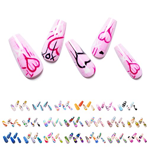 Press on Nails Medium Coffin GLAMERMAID, Pink Heart Acrylic Fake Nails with Design Glue on Nails for Women Reusable False Nail Tips Sets with 48Pcs Adhesive Tabs Nail File, Cuticle Stick