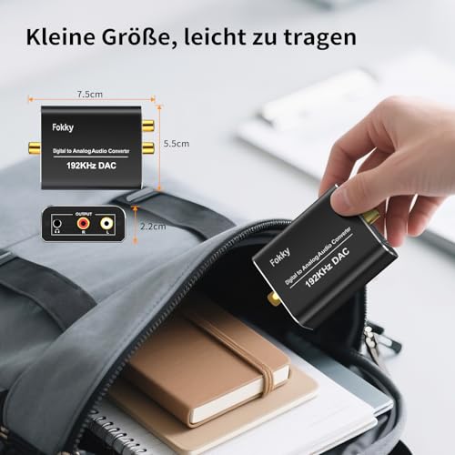 DA Wandler, Fokky 192kHz DAC Digital zu Analog Audio Konverter, SPDIF Koaxial Toslink zu Analog Stereo, Analog Stereo 3,5 mm Audio,1M optischem Kabel unterstützt HDTV DVD Blu-ray Sky Spielekonsole