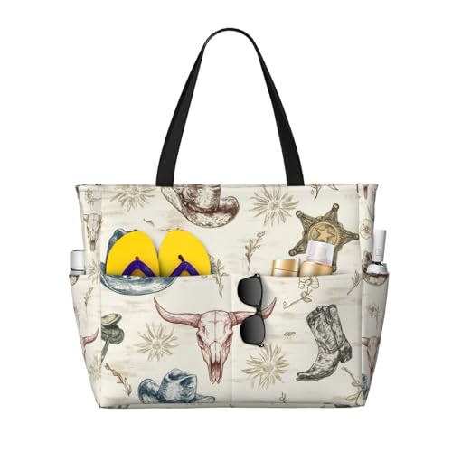 CHAOS MONKEY Women Large Beach Bag Longhorn Cowboy Hat Boots Print Sandproof Waterproof Travel Beige Weekender Tote Bag for Pool Vacation Gym