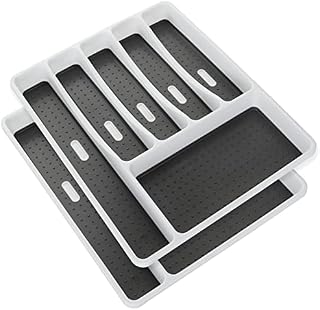 LOLYSIC 2PCS Cutlery Trays for Kitchen Drawers, 6 Compartment 41 x 33 CM Cutlery Drawer Organiser, Plastic Non-slip Kitchen Utensil Cutlery Drawer Organiser Tray for Knife, Spoon, Fork (White & Grey)
