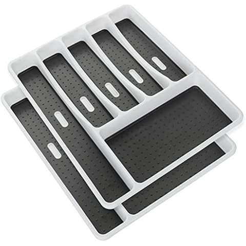 LOLYSIC 2PCS Cutlery Trays for Kitchen Drawers, 6 Compartment 41 x 33 CM Cutlery Drawer Organiser, Plastic Non-slip Kitchen Utensil Cutlery Drawer Organiser Tray for Knife, Spoon, Fork (White & Grey) Cover