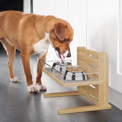 Relaxdays Futterstation Hund, höhenverstellbare Hundebar, HBT: 37x55x36 cm, Napfständer mit Silikonmatte, Bambus, Natur