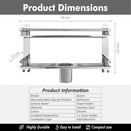 Image of Zureni Towel Holder for Bathroom Multipurpose 304 Grade Stainless Steel Shelf with Hooks Soap Dish Toothbrush Stand Wall Mount Home Washroom Kitchen Accessories (Silver, Set of 1, 1003)