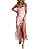 xxxiticat Women's Cowl Neck Maxi Satin Dress Sleeveless Open Back Lace Up Bandage High Split Strappy Wrap Gown Dress(PI,M) Pink