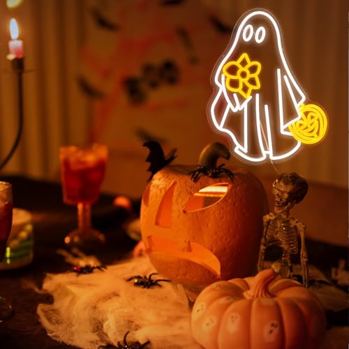 Image of Ghost Neon Sign for Wall Decor Dimmable USB Powered Pumpkin Led Light sign Halloween Ghost Neon Light for Halloween Party Game Room Neon Decor (Yellow White)