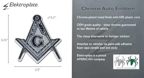 Image of Elektroplate Masonic Square and Compass OEM Chrome Emblem for Cars, Trucks, and All Auto | Universal Fit at 2.9 inch x 3.25 inch | Weatherproof