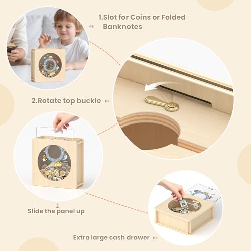 Image of Summidate Wooden Money Saving Box, Clear Window Cash Vault Savings Box with DIY Stickers, Personalized Car Piggy Bank for Kids & Adults, Birthday /Baby Shower /Wedding Gift