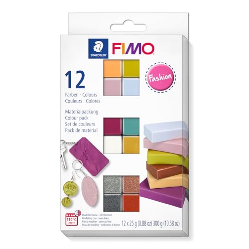 Staedtler FIMO Soft, Assortiment de 12 demi-pains de pâte FIMO aux couleurs fashion assorties, Pâte à modeler durcissant au four et facile à démouler,...