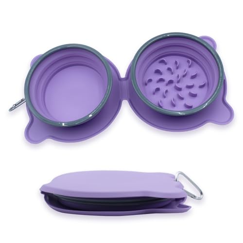Vlecexs Portátil Perros 2 in 1 Pieghevole Perros Cane Gatto Cibo Doppia Ciotole Animale Domestico Silicone Ciotola Viaggio Passeggiata Ciotola Campeggio Ciotola Violetta
