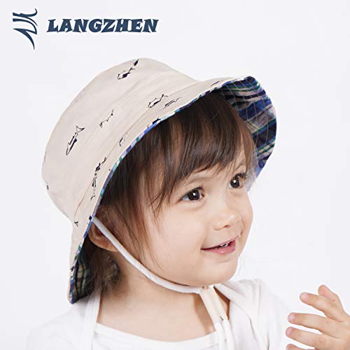 Image of LANGZHEN Sun Protection Hat for Kids Toddler Boys Girls Wide Brim Summer Play Hat Cotton Baby Bucket Hat with Chin Strap