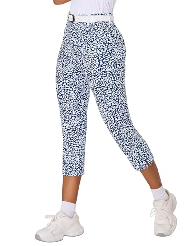 SERSARY Golfhose Damen 7/8 Golf Hose Stretch mit Rechte Reißverschlusstasche Gürtelschlaufen Soft Golf-Hosen Caprihosen Leichte Jogginghose, Blauer Leopard,XL