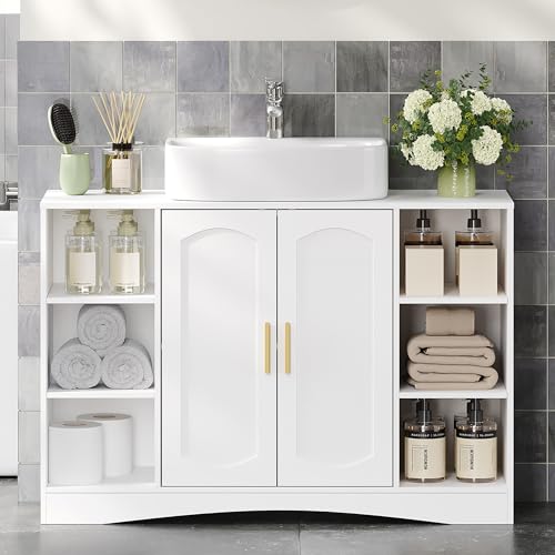 HEXCELEN Meuble sous Lavabo, Meuble de Rangement pour Salle de Bain, 2 Portes et Compartiments Ouverts, Étagères Réglables, pour Les Lavabos sans Piédestal Blanc 30 × 90 × 61,2 cm