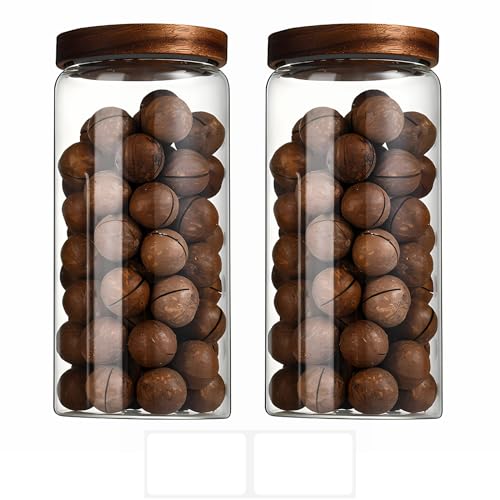 Jauhmui Juego de 2 tarros de cristal con tapa de madera, herméticos, para dulces, galletas, arroz, azúcar, harina, nueces y especias (1250 ml, 2, transparentes)