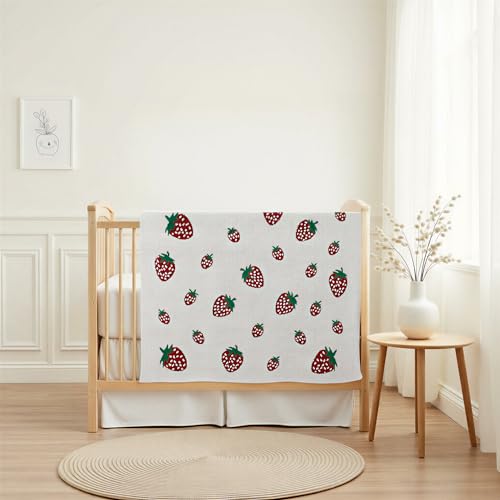 Image of Creative Co-Op Cotton Knit Baby Blanket with Strawberry Pattern, Cream, Red and Green