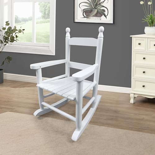 Milan Pacific White Classic Children's Rocking Chair, Solid Populus Wood Construction, Indoor Outdoor Use, 14.17 x 18.9 x 22.44 Inches, 110 lbs Weight Capacity (White + Solid Wood)
