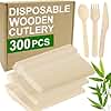 PEOUWNES 300 Pcs Wooden Disposable Cutlery Set - 100 Forks, 100 Knives and 100 Spoons, Compostable Forks, Wooden Utensil Set for Party, Picnics, Dinner and Wedding