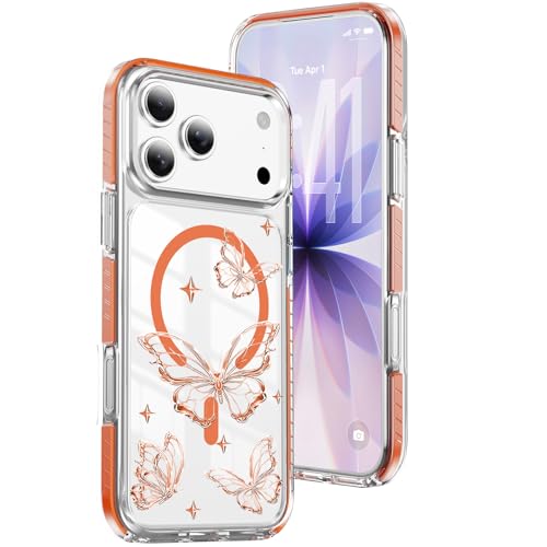 Coque iPhone 17 Pro Max antichoc papillon orange transparent compatible MagSafe