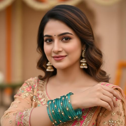 Image of SUNDRAM Women's Premium Fancy Glass Bangles for Women & Girls |with Zircon Gemstone Work & Charm| Traditional Ethnic Bangles Set of 12