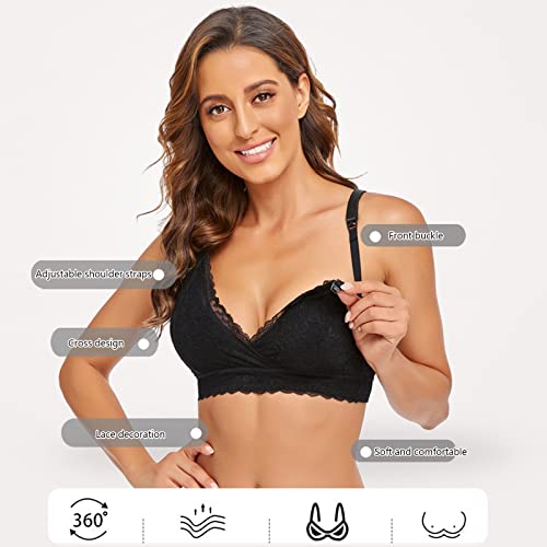 Womens Lace Wirefree Nursing Bra Comfort Pregnancy Breastfeeding Bra With Non Removable Pads Padded Front Closure Bras V Neck Breathable Teens Daily Everyday Underwear Black M #TOP3