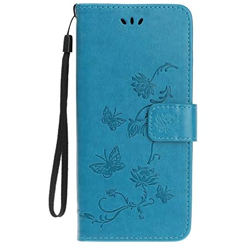 Reevermap Samsung Galaxy A20E Case Flip Cover Premium PU Leather Wallet Lotus Butterfly Embossed Magnet Closure Card Slot Holder Stand Silicone Bumper Shockproof Case for Samsung Galaxy A20E Blue Cover