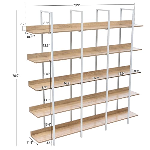 Gnixuu Triple Wide 5-Tier Bookshelf, Large Open Bookcase, Vintage Industrial Style Book Shelf Wood And Metal Etagere Bookshelves Display Shelves For Home Office Decor(Rustic White+Oak) #TOP1