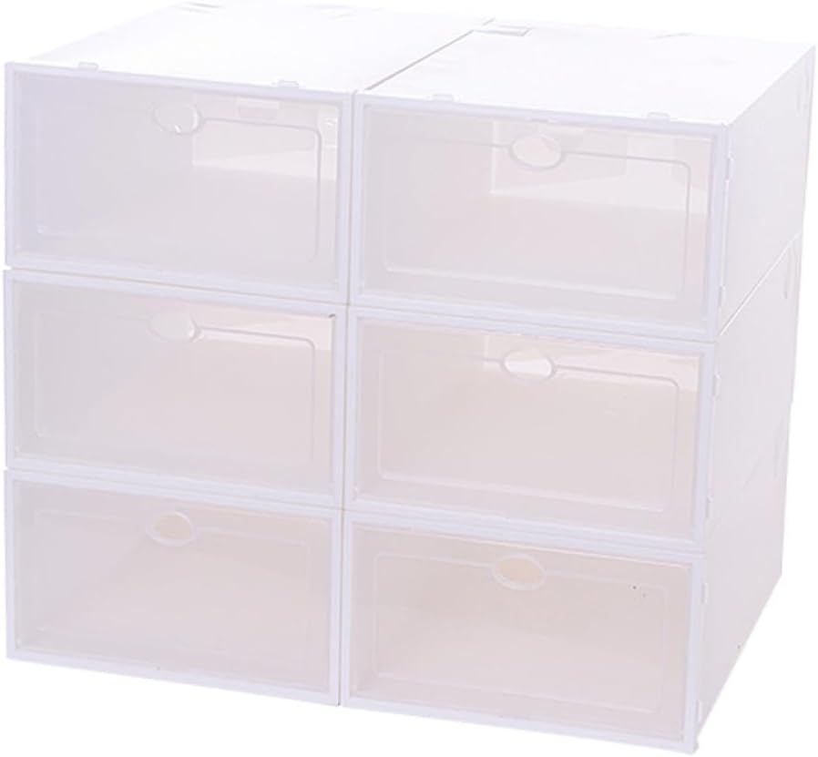 6PCS Thickened Stackable Shoe Storage Boxes Transparent Plastic Shoebox Organizer for Men White Frame Space-saving Closet for Small Rooms and Dorms