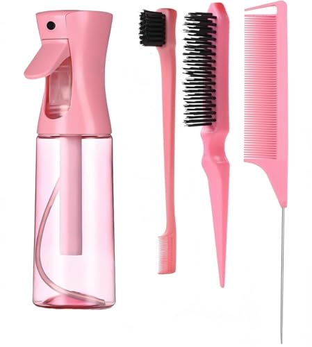 Hair Brush Set with Continuous Spray Bottle,Slick Back Hair Brush Back Brushing, Combing, Slicking Hair (PINK)