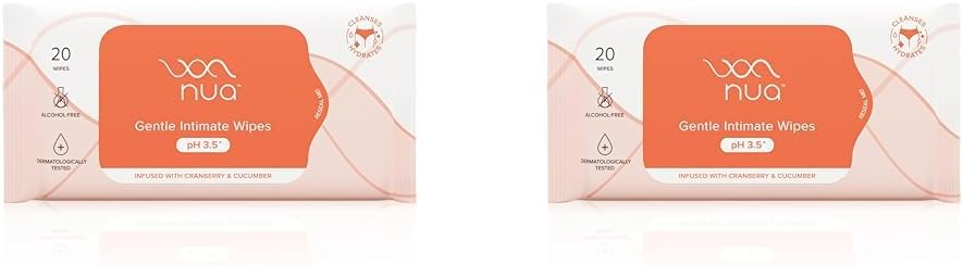 Nua Gentle Intimate Wipes | Infused with Cranberry, Cucumber and Aloe | Alcohol and Artificial-Fragrance Free | 100% Biodegradable (Pack of 2)