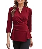Damen V-Ausschnitt Hemd Elegant 3/4 Ärmel A-Linie Arbeits Wickel Tops Oberteile Casual T-Shirts Rot S