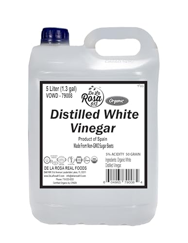 De La Rosa Organic Distilled White Vinegar, Raw & Unfiltered, Kosher for Passover, Vegan & Gluten Free, Great for Salad Dressing, Marinades, White Distilled Vinegar 5 Liter (Pack of 1)