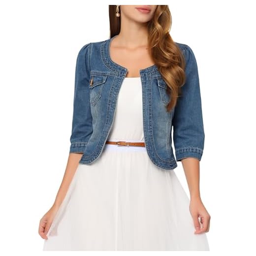 Allegra K Denim Jacket for Women's Collarless Cardigan 3/4 Sleeve Crop Jean Jackets Medium Blue