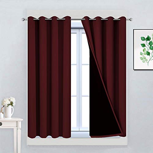 Image of Yakamok Burgundy Red Blackout Curtains 45 Inches Long for Bedroom 52 inch Wide | Blackout Curtain Panels for Bedroom, 2 Thick Layers Grommet Top Thermal Insulated Drapes with Black Liner for Living Room