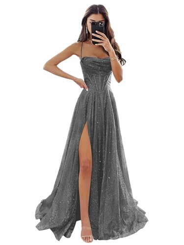 Women's Spaghetti Straps Glitter Tulle Prom Dress with Slit Cowl Neck Long Evening Formal Party Gown