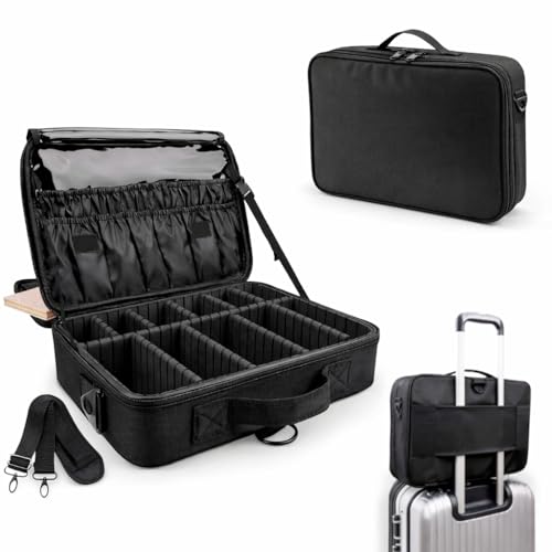 Maleta de Maquiagem Bolsa Profissional com Divisórias Ajustáveis, Compartimentos para Pincéis, Material Resistente à Água, Alça de Ombro e Grande Capacidade para Viagens