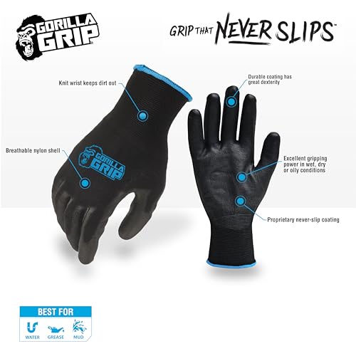 Gorilla Grip Work Gloves, Never Slip Maximum Grip All-Purpose, Gloves for Men, Superior in Wet, Dry, Oily Conditions, Polymer Palm, Extra Large Size, 5 Pairs, Black/Blue | 25058-25