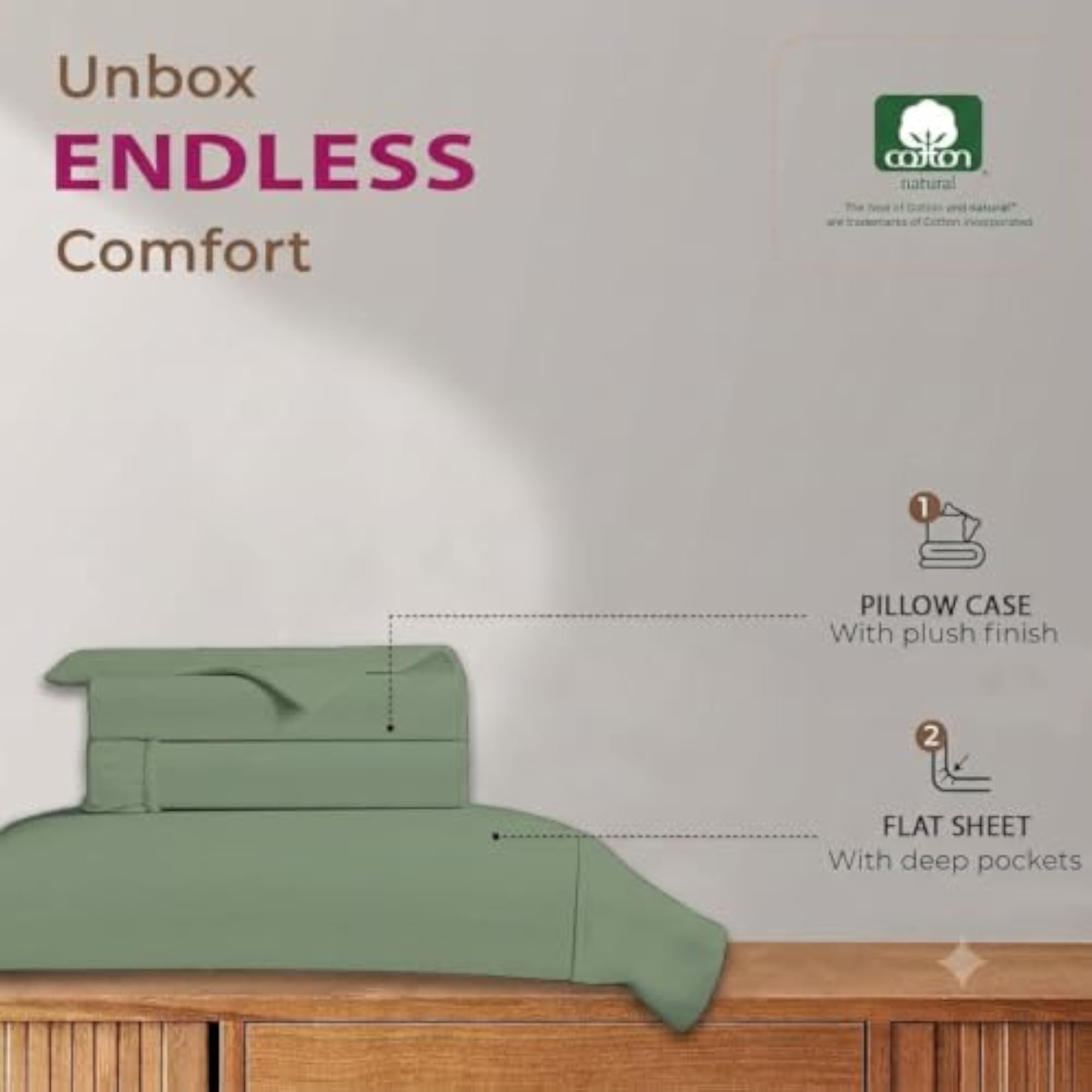 100% Cotton 72x48 inch Elastic Fitted Bedsheet with 2 Pillow Covers