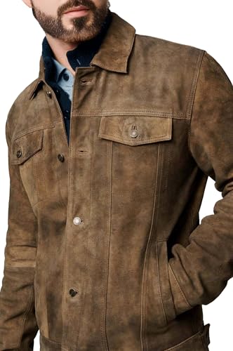 Cheemaz Suede Jacket for Men - Premium Suede Leather Bomber Jacket | Trucker Coat for Mens (as1, alpha, Large, regular, regular, Khaki) - Thumbnail 2