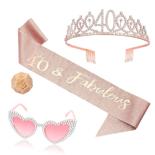 OLOSONG 4 Pcs 40th Birthday Party Accessories Set 40th Birthday Gifts Birthday Sash for Women Birthday Party Supplies40th Rose Gold Crown and Heart shaped pink diamond glasses Wooden dice