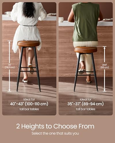 Image of VASAGLE EKHO Collection - Bar Stools Set of 2, Kitchen Counter Stools, Breakfast Stools, Synthetic Leather with Stitching, Mid-Century Modern, 30-Inch Tall, Home Bar, Caramel Brown ULBC090K01V1 | Breakfast Stools, PU Leather with Stitching, Mid-Century Modern, Home Bar, Caramel Brown, EKHO Collection ULBC090K01