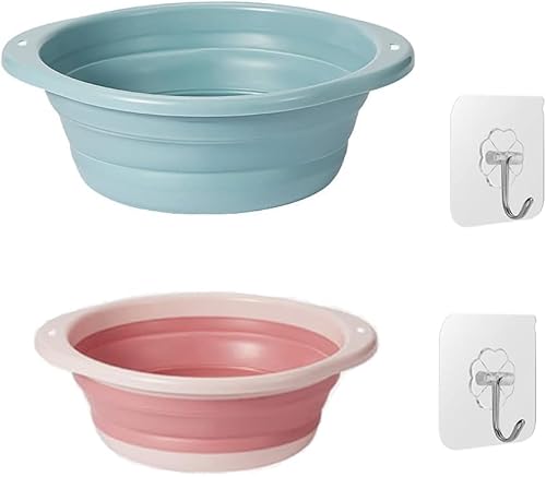 Zhailyn Folding Washing Up Bowl, 2 Pack Round Collapsible Washbasin, Portable Silicone Washing Basket, for Travel, Camping Hiking and Pets (Blue, Pink)