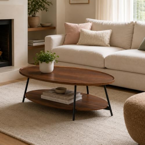 AGV Oval Coffee Table with Shelf Storage, 2-Tier Walnut Wood Finish Center Table for Living Room, Modern Asymmetrical Metal Legs, Raised Edge Sofa Table