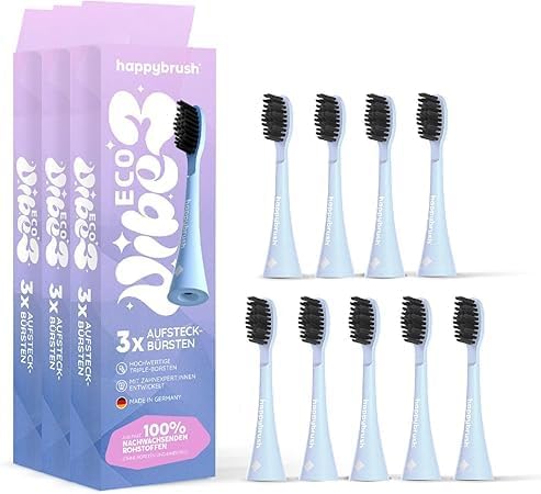 happybrush Aufsteckbürsten 9 Stück (3x3) für elektrische Schallzahnbürste ECO VIBE Sunrise Wechselköpfe mit Icons zur Unterscheidung | Original Ersatzbürsten mit abgerundeten Borst