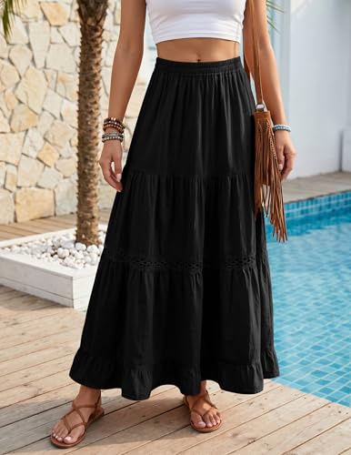 Zelroxa Long Cotton Skirts for Women Summer Boho Maxi Flowy Lace Crochet A Line Tiered Pleated High Waisted Beach Vacation Midi Linen Skirts 2026 Trendy Clothes Outfits Black — view 2