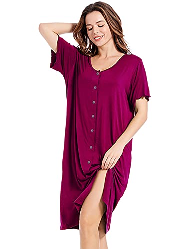 MIA LUCCE Damen Nachthemd - Knopfleiste - Kurzarm Nachthemd (S-XL), Weinrot, Small Cover