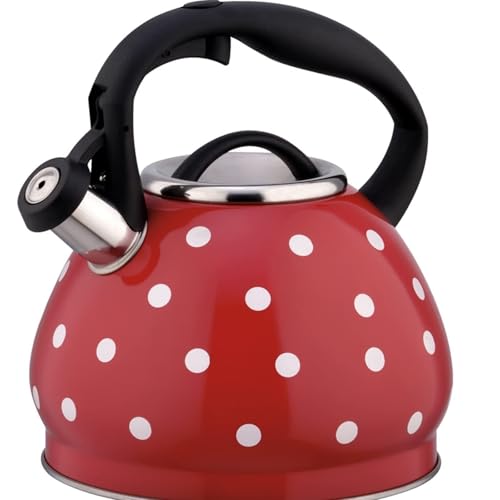 Polka Dot Tea Kettle Stovetop 3 L, Stainless Steel Whistling Teapot Teakettle, Vintage Tea Pot Fast to Boil Water, Button Control Kettle Outlet(Red)