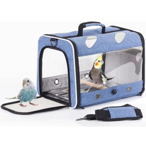 オウムキャリーバッグ(木製パーチとステンレススチールトレイ付き) - 小鳥、オウム、インコに最適な旅行用ケージ(Blue)