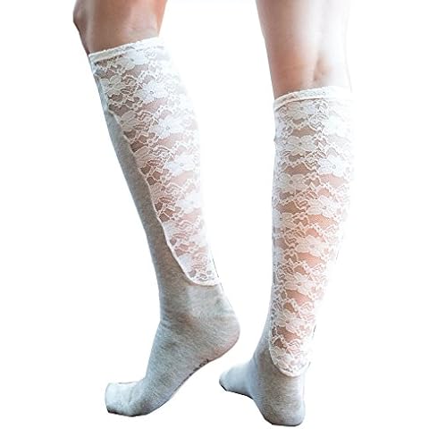 Xpandasox Women's Solid/Lace Knee High Socks 9-11 Sand Cover