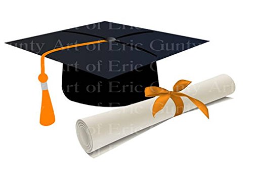 6" Round - Orange & Black Graduation Cap And Diploma Birthday - Edible Cake Cupcake Party Topper - D22823 #TOP6